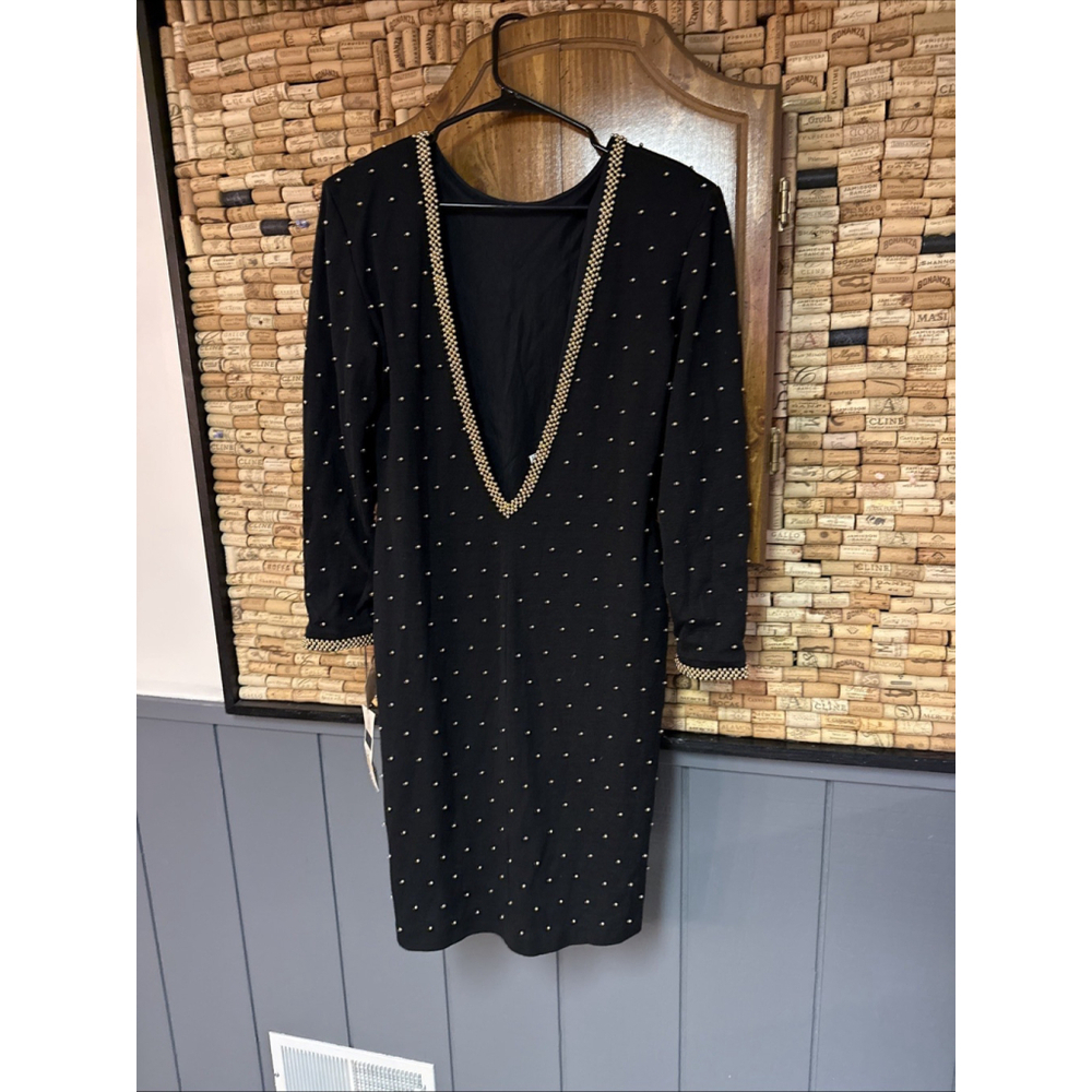 Vintage 80’s NWT ET AL Black Gold Beaded Embellished V-Back Wool Mid Dress 12
